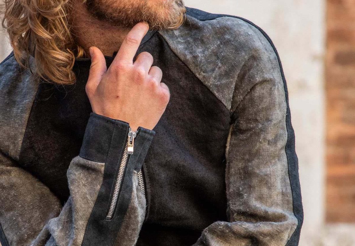 LINEN 100%  SHAWL COLLAR JACKET  / NOTCHED LAPEL LONG JACKET / LINEN 100% + HORSE LEATHER ZIP FRONT BLOUSON