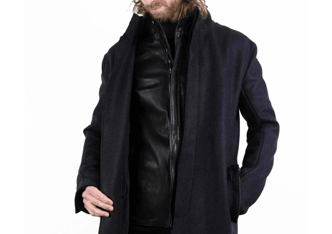 WOOL 100% HI NECK FRY FRONT COAT / CALF LEATHER ACCESSORIES